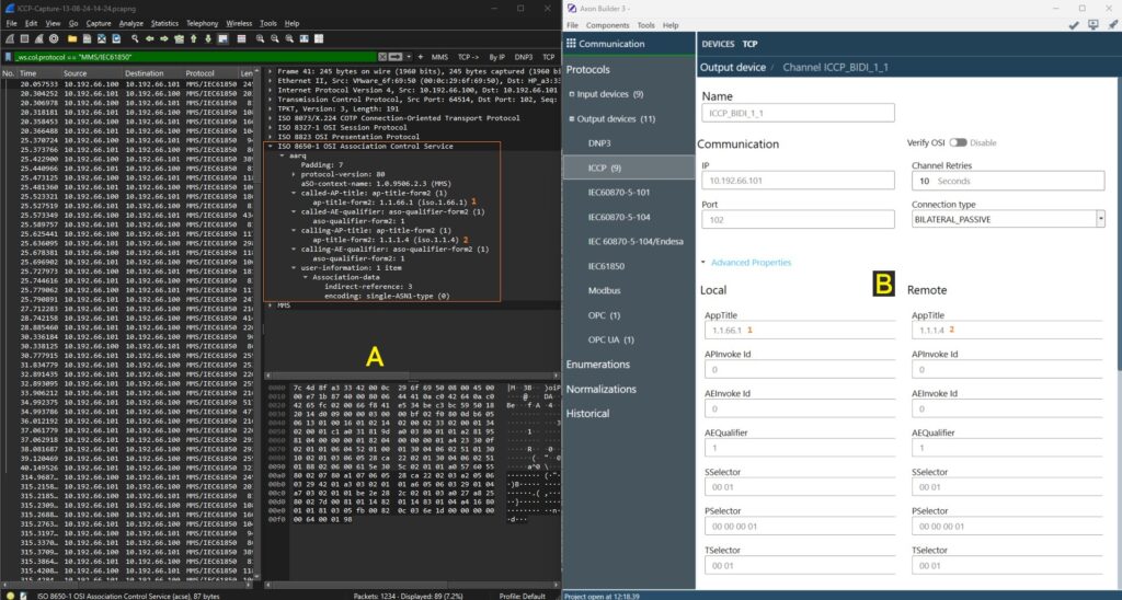 A. MMS Associate request data frame showing the Association Control Service Elements interchange. B. Settings on Axon Builder 3’s ICCP server related to the ACSE parameters.