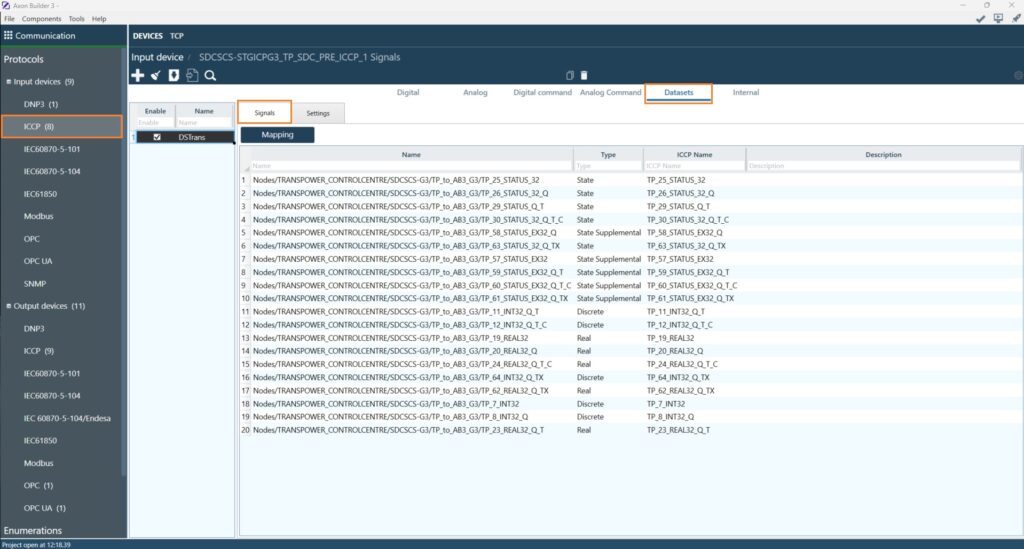 Dataset configuration on Axon Builder 3’s ICCP client driver.