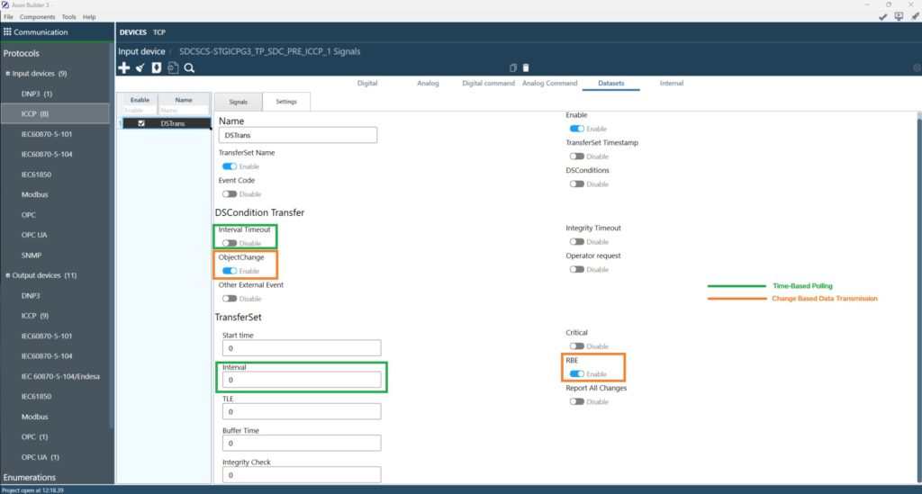 TransferSet settings on Axon Builder 3’s ICCP client driver.